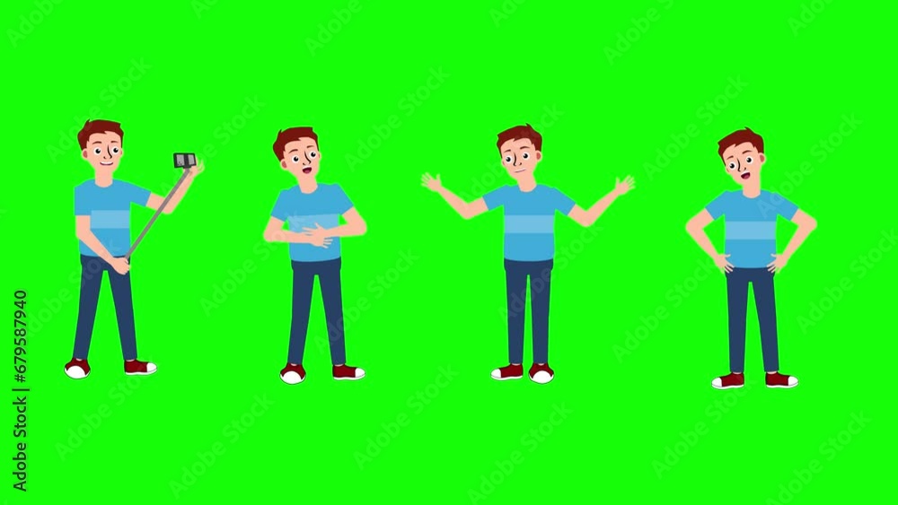 Four boys in blue t shirts make different poses 2d animation green screen Four boys in blue t shirts make different poses 2d animation green screen
