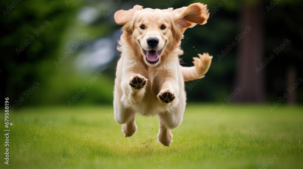 happy golden retriever jumping on the lawn at a sunny day happy golden retriever jumping on the lawn at a sunny day