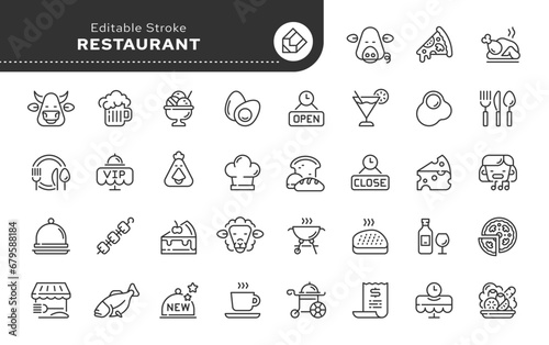 Restaurant, cafe icon in contour linear style. Food, dish, pork, beef and lamb. Serving and cutlery. Vector set of conceptual web icons for app, website. Outline iconography.
