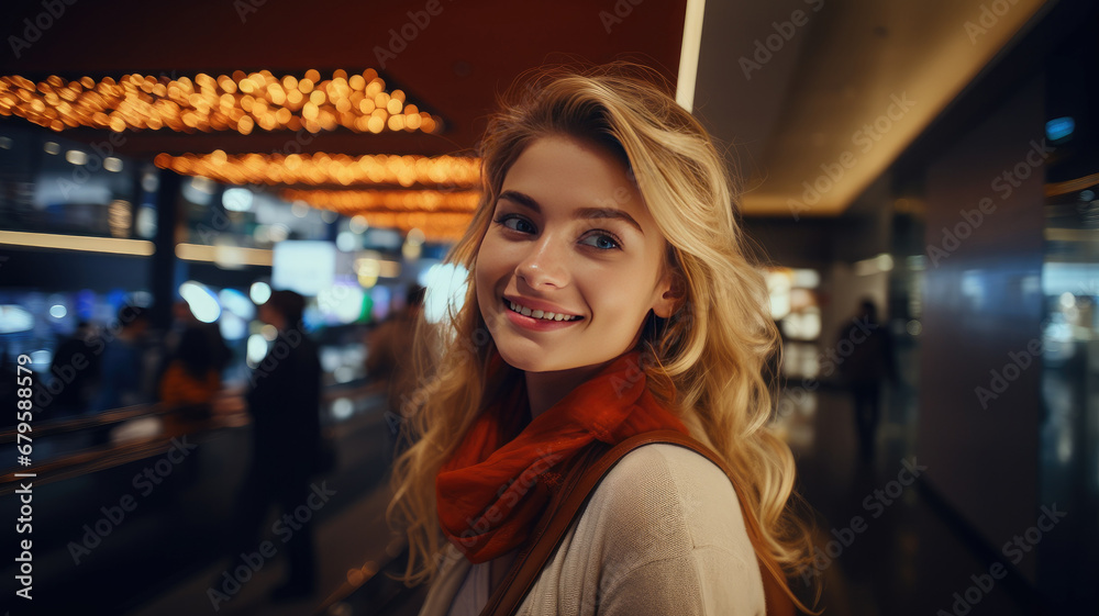 Portrait of a young beautiful girl while shopping in a shopping center.