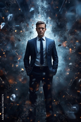 Generative AI image of a Full length young handsome Caucasian man with short brown hair, blue eyes, wearing a black suit, CEO, engulfed in a black particle storm, office background photo