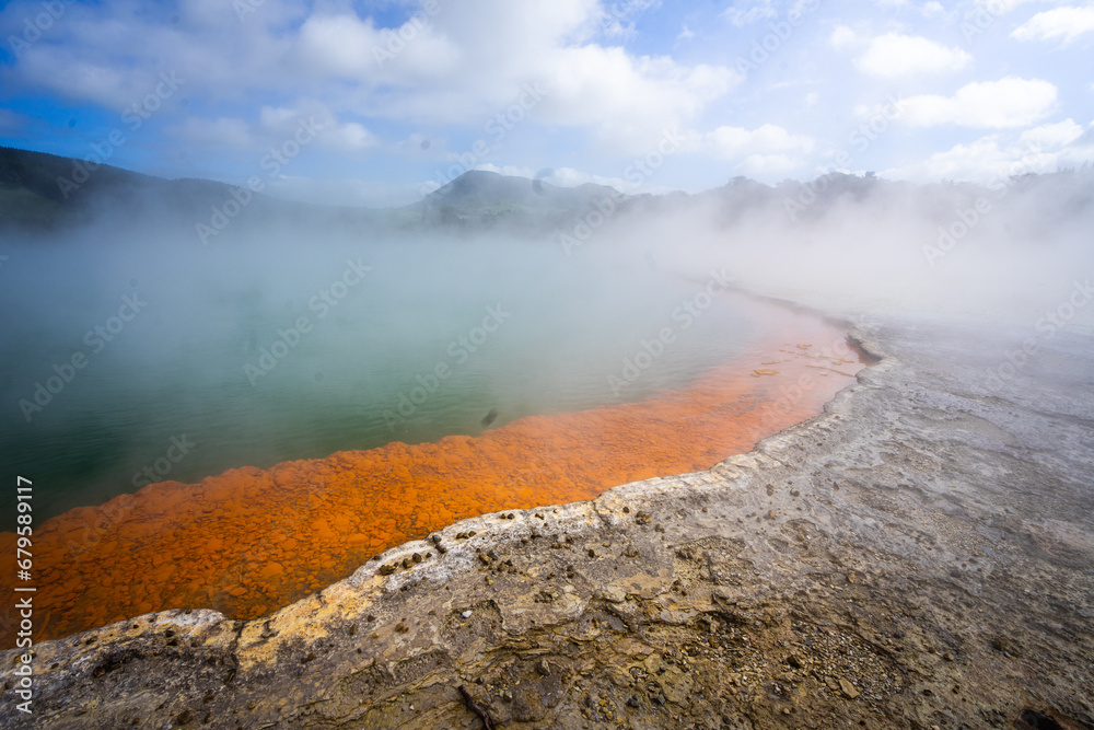 The photo shows edge of the Champagne pool at Waiotapu, New Zealand.