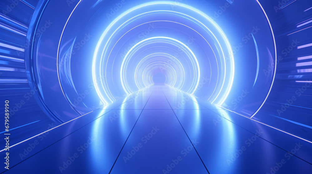 Empty blue tunnel. Technology futuristic background.