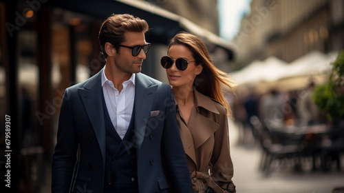 Beautiful portrait elegant couple wearing luxury cloth, walking in Paris street