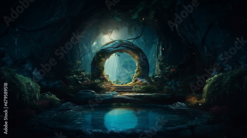Round stone portal gate in the forest, an abandoned temple. Path made of stones in the forest, gateway in jungle
