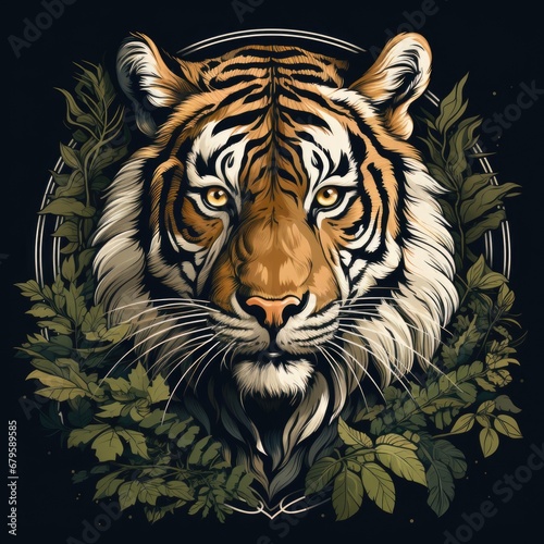 A tiger in a wreath of tropical leaves on a black background.