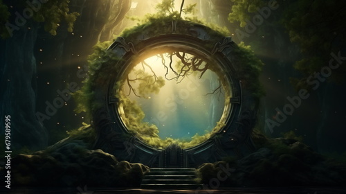Round stone portal gate in the forest  an abandoned temple. Path made of stones in the forest  gateway in jungle