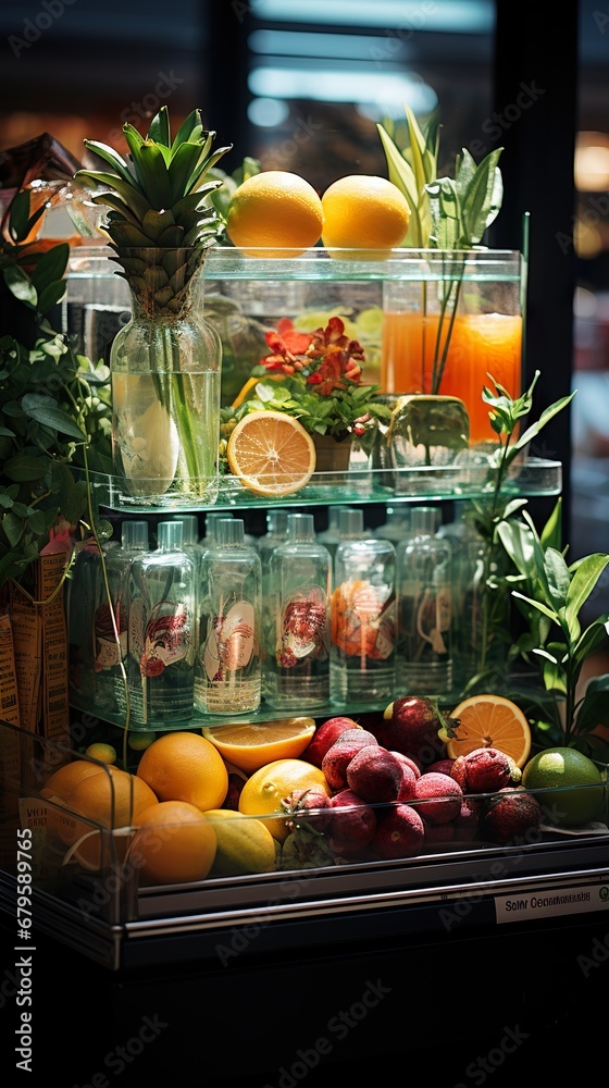 Fresh organic drinks in the fridge at supermarket