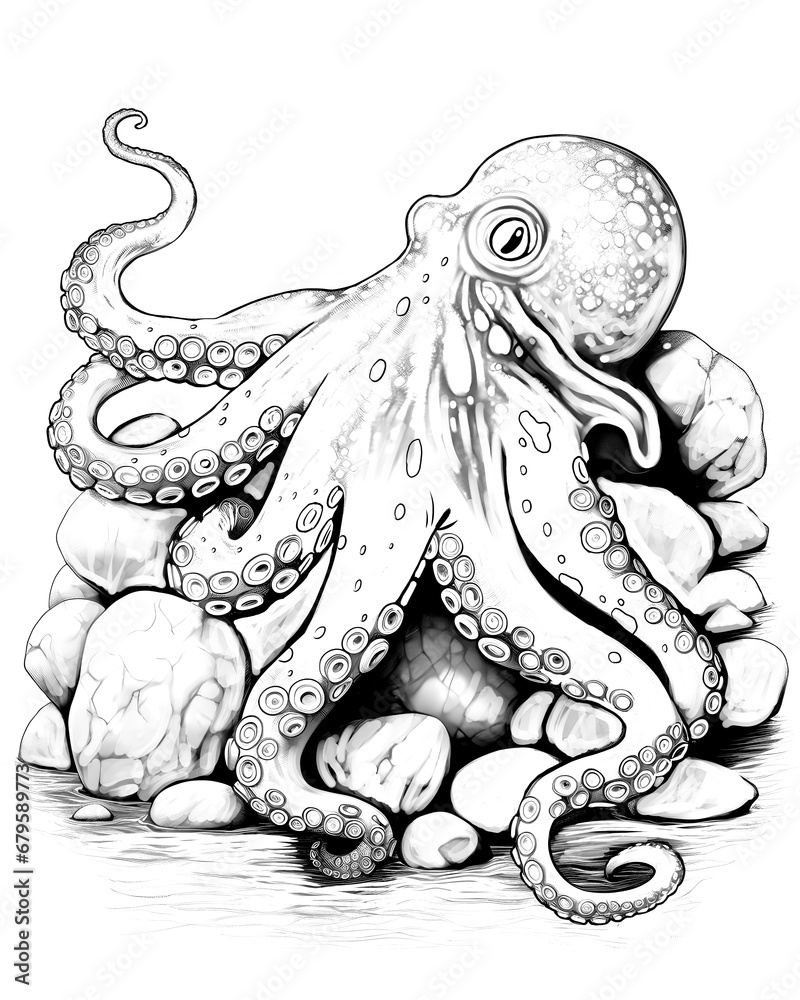 Obraz premium Big octopus underwater to color in and relax. Edited AI illustration.