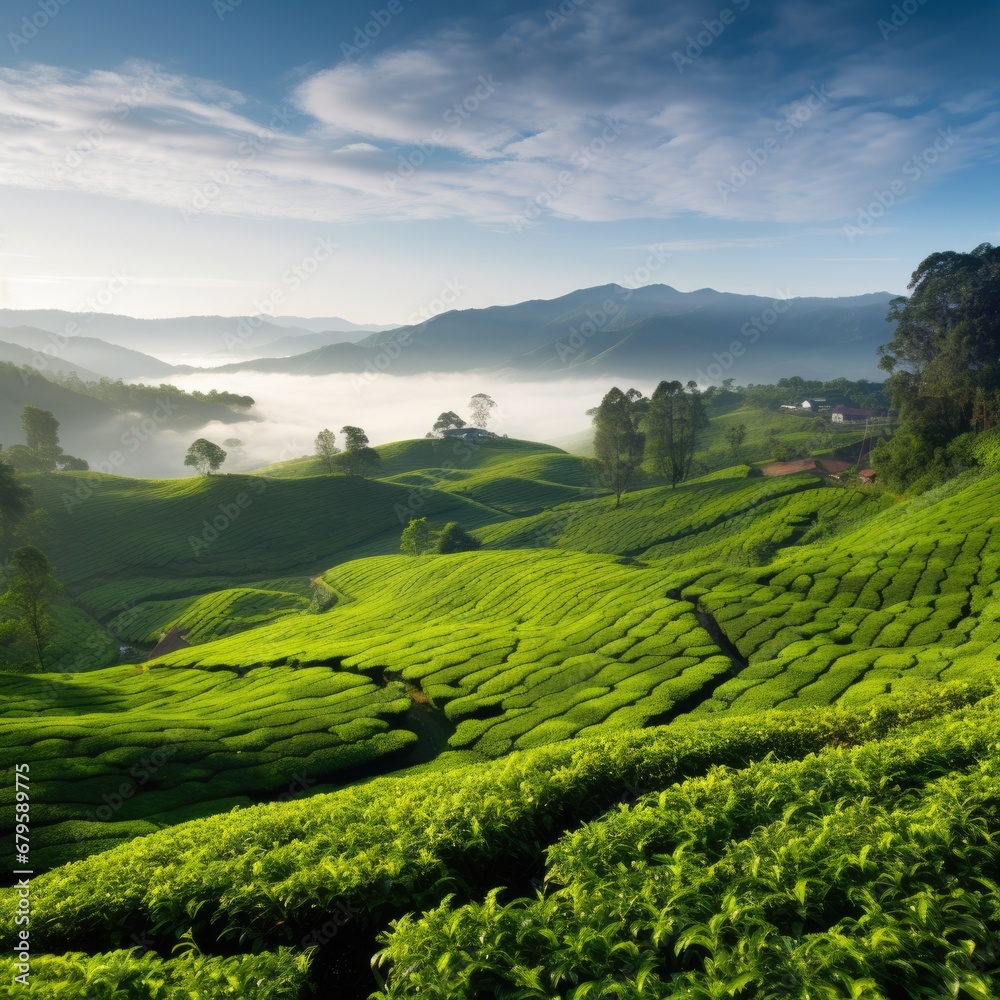 Green tea plantation at sunrise time,nature background. AI Generated Green tea plantation at sunrise time,nature background. AI Generated