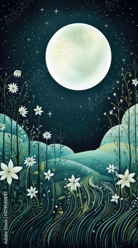 A painting of a field with flowers under a full moon