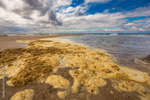 Beautiful landscape with dirty water foam and sand next to puddle in front of stormy sea and cloudy sky photo