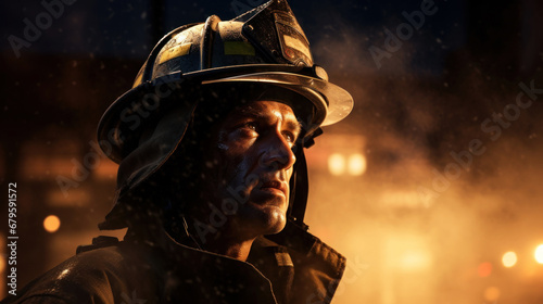 Firefighter with helmet portrait on dark backgraund. Proffesion concept