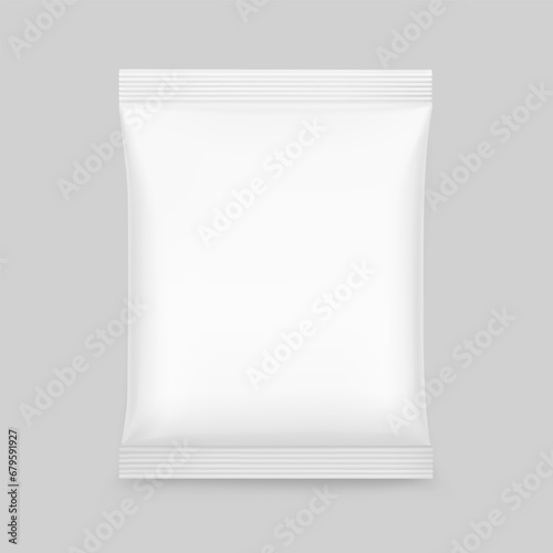 Food snack pillow bag mockup. Hight realistic vector illustration isolated on grey background. Easy to use for presentation your product, idea, promo, design. EPS10.