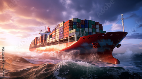 Massive cargo ship plowing through the high seas, its hull lined with colorful containers at sunset
