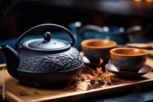 Chinese iron tea pot sitting on top of a wooden tray