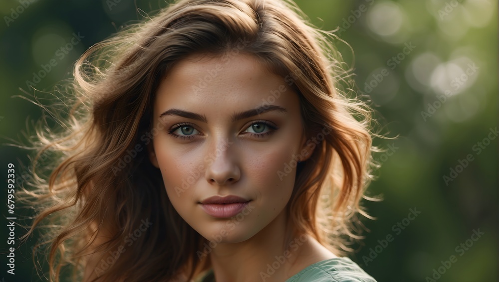 Naklejka premium portrait of a young woman with green eyes, well-groomed skin and hair blowing in the wind
