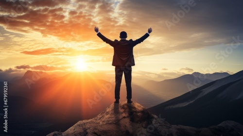 Silhouette of businessman celebrating raising arms on the top of mountain with over blue sky and sunlight.concept of leadership successful achievement with goal,growth,up,win and objective target.  © Jalal
