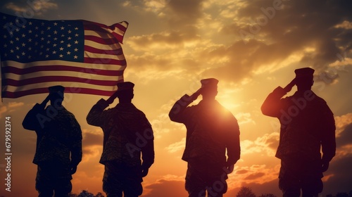 Silhouettes of soldiers saluting on background of sunset or sunrise and USA flag. Greeting card for Veterans Day, Memorial Day, Independence Day. America celebration. 