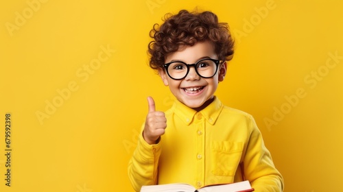 Smiling little boy pointing at copy space in casual clothes with books for studing at school isolated over yellow background 