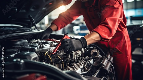 Auto mechanic working on car engine in auto repair shop. Car service and maintenance concept. © ttonaorh