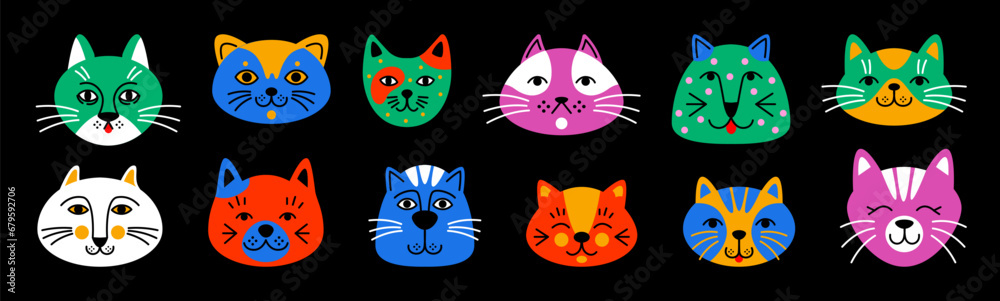 Cute cats. Doodle animal draw, funny kitten characters, happy line pet, group of kitty stickers. Abstract modern portraits. Childish decorative elements. Vector cartoon flat isolated tidy illustration