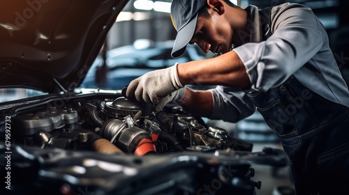 Auto mechanic working on car engine in auto repair shop. Car service and maintenance concept.