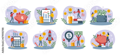 Fototapeta Naklejka Na Ścianę i Meble -  Financial growth. Business management. Startup success. Money icons. Finance profit. Cash increase chart. Coins and banknotes. Successful businessman. Earn and rise economy. Vector tidy concepts set