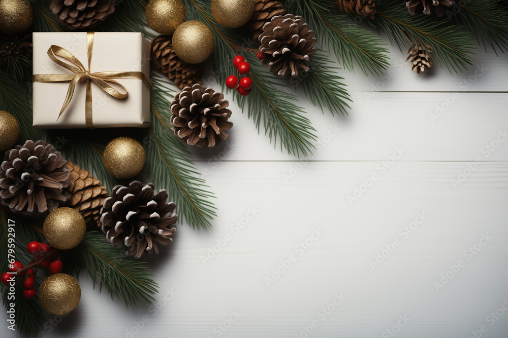 Christmas fir tree branches, gifts, pine cones on wooden rustic background. banner