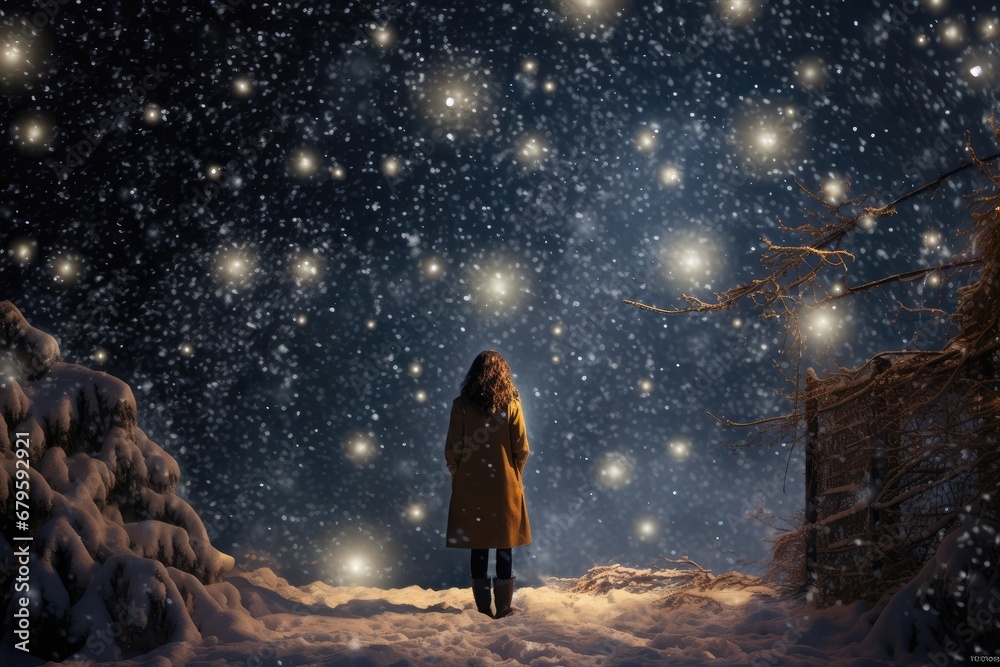 A magical snowfall that turns into sparkling stars upon touching the ground. A magical snowfall that turns into sparkling stars upon touching the ground.