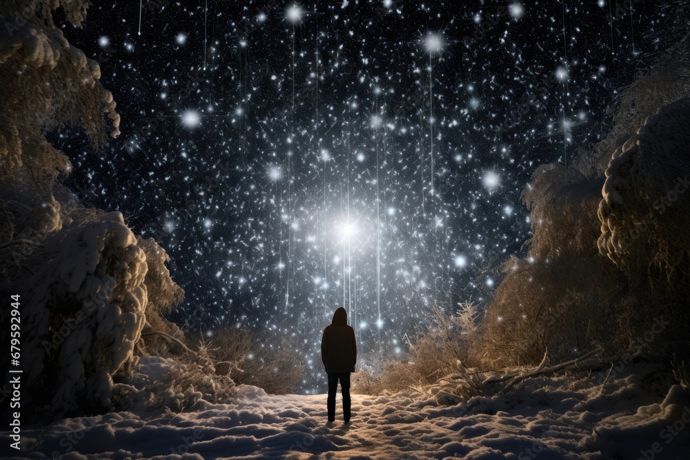 Fototapeta premium A magical snowfall that turns into sparkling stars upon touching the ground.