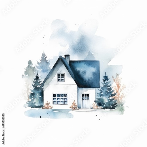 Watercolor cute house with tree on isolate background. Generative AI