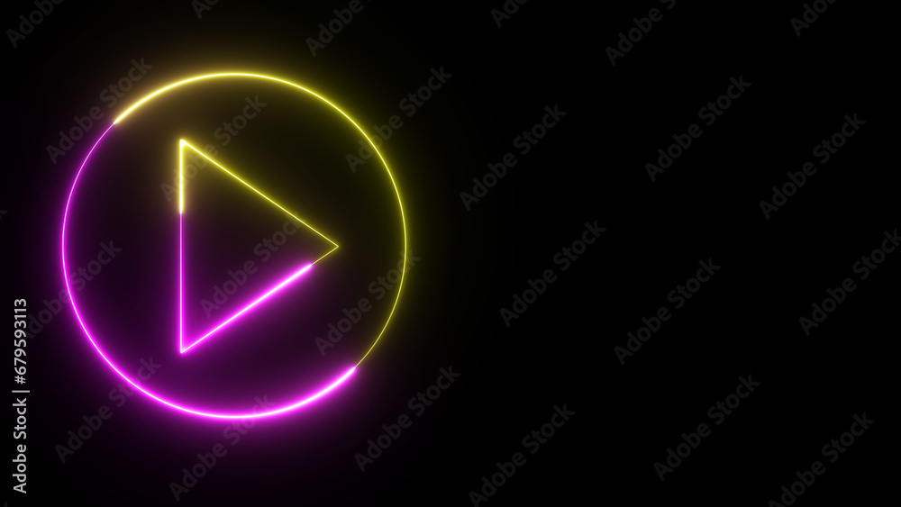colorful play button on black background. Start button. Neon glowing play button. Neon glowing play button with neon circle. - obrazy, fototapety, plakaty 