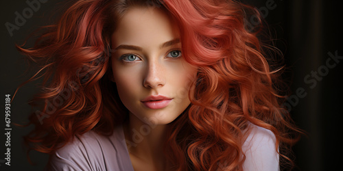 Wunderschönes Model Gesicht einer Frau mit atemberaubenden Makeup und rot gefärbten Haaren Nahaufnahme Querformat, ai generativ