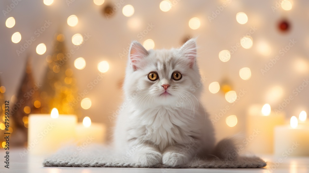 Cute white fluffy kitten lying and looks at the camera, surrounded by a Christmas-decorated room in a modern Scandinavian style. Blurred Christmas lights on background. Empty space for text.