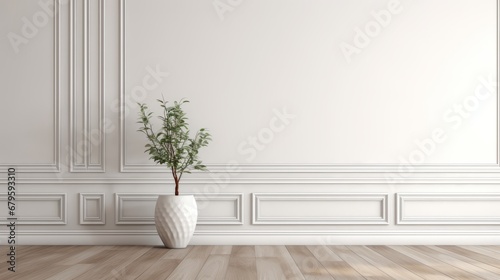 White classic wall background, brown parquet floor, home furniture detail, frame and vase of plant. 