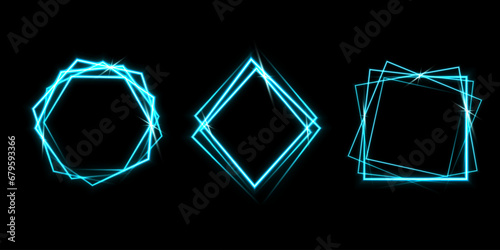 Blue laser glowing frames isolated on black background. Neon rhombus. Abstract vector illustration.