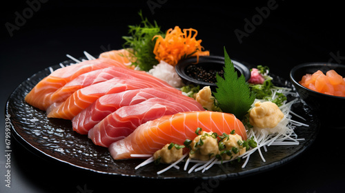 Sashimi on a plate, japanese cuisine. Dark background. AI