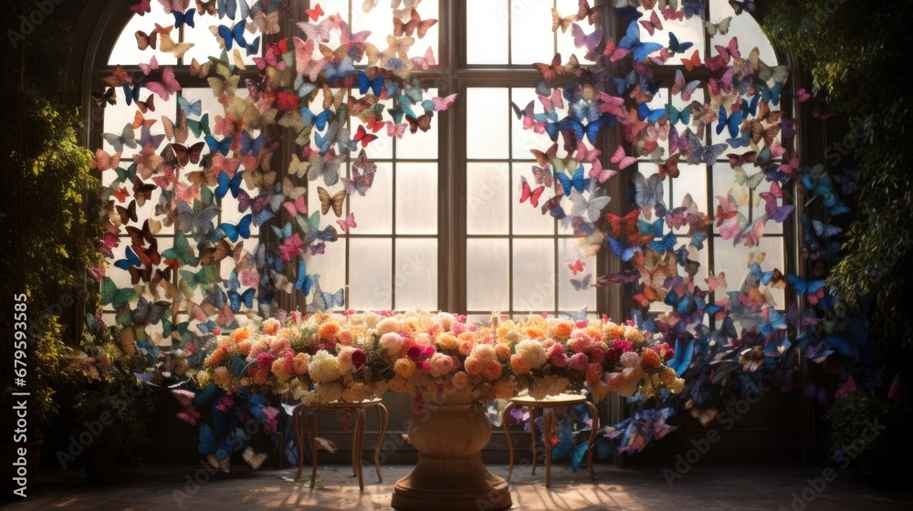 Naklejka premium Floral romantic composition of flowers and butterflies on the table as a wedding decoration for a gala dinner for the newlyweds in a restaurant. Trendy unique creative artwork.