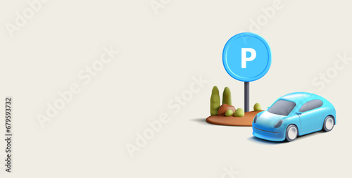 Parking sign with landscape element and blue car. 3D. Banner for web design of urban and rural parking lots. Vector
