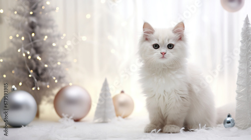 Cute white fluffy kitten sitting and looks at the camera, surrounded by a Christmas-decorated room in a modern Scandinavian style. Minimalist festive holiday decor, warm and inviting atmosphere. 