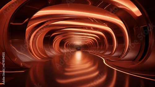 Empty gold futuristic tunnel. Technology Design.