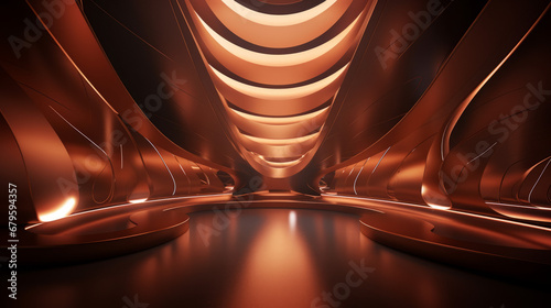 Empty gold futuristic tunnel. Technology Design.