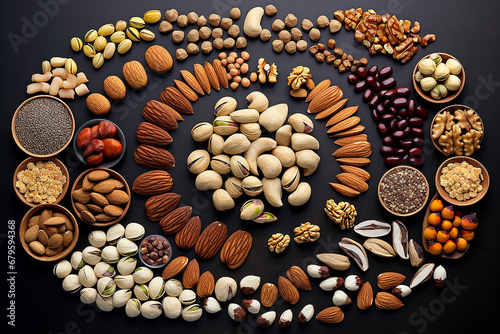 Lebensmittel
 knolling. Gesunde natürliche Bio-Lebensmittel. Frische Nüsse und Samen.
 knolling Zusammensetzung. Flat Lay Ansicht von Lebensmitteln