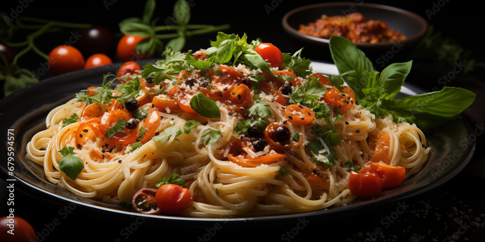 Leckere Spaghetti mit Basilikum und Parmesan auf dem Teller wunderschön angerichtet im Querformat für Banner, ai generativ