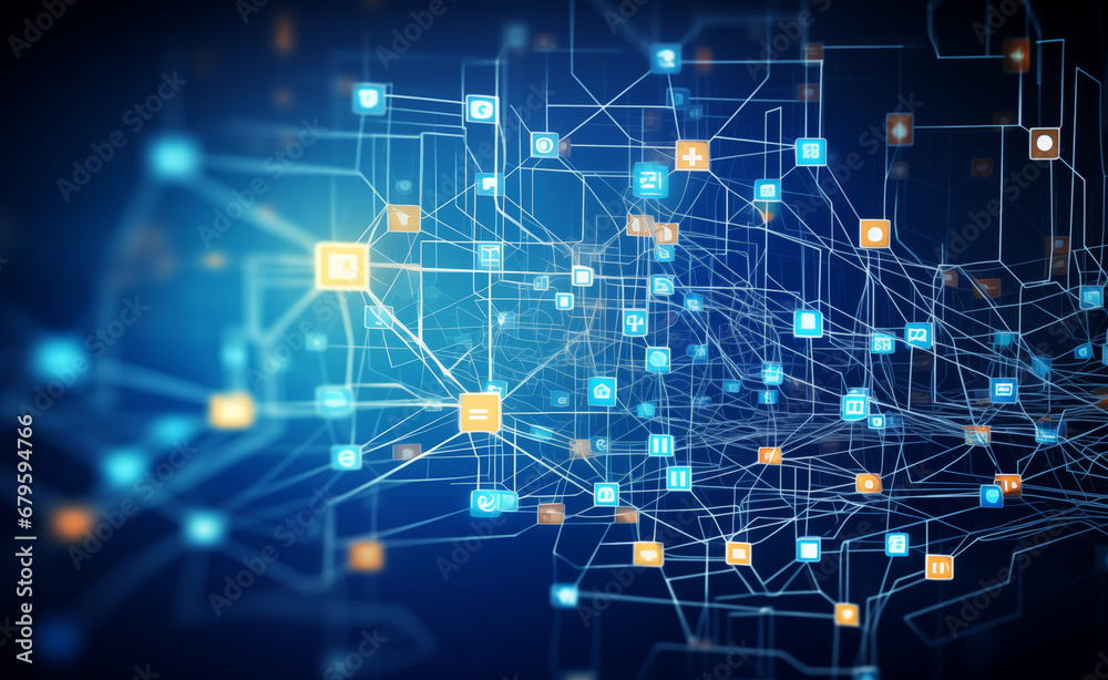 Obraz premium Futuristic Data Symphony: Navigating the Digital Realm. Abstract technology background featuring a data structure mind map.