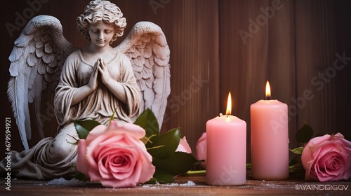 Angel, rose and candle on wooden table. Selective focus