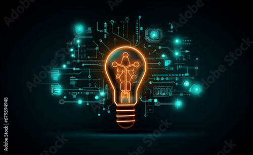Glowing light bulb against a digital background with binary code. Neon lights. Symbolize the intersection of innovation and technology.