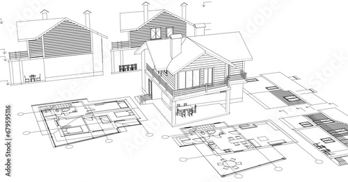  house architectural project sketch 3d illustration