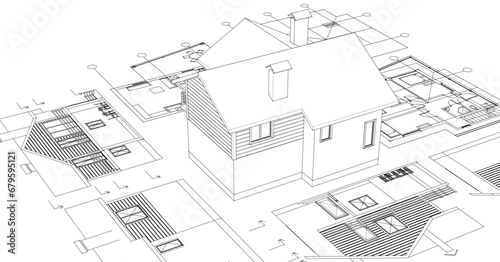  house architectural project sketch 3d illustration